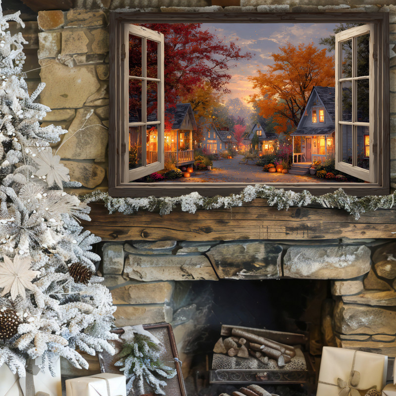 Harvest village view canvas wall art, Thanksgiving scene through a paned window with pumpkins and amber leaves for hallway