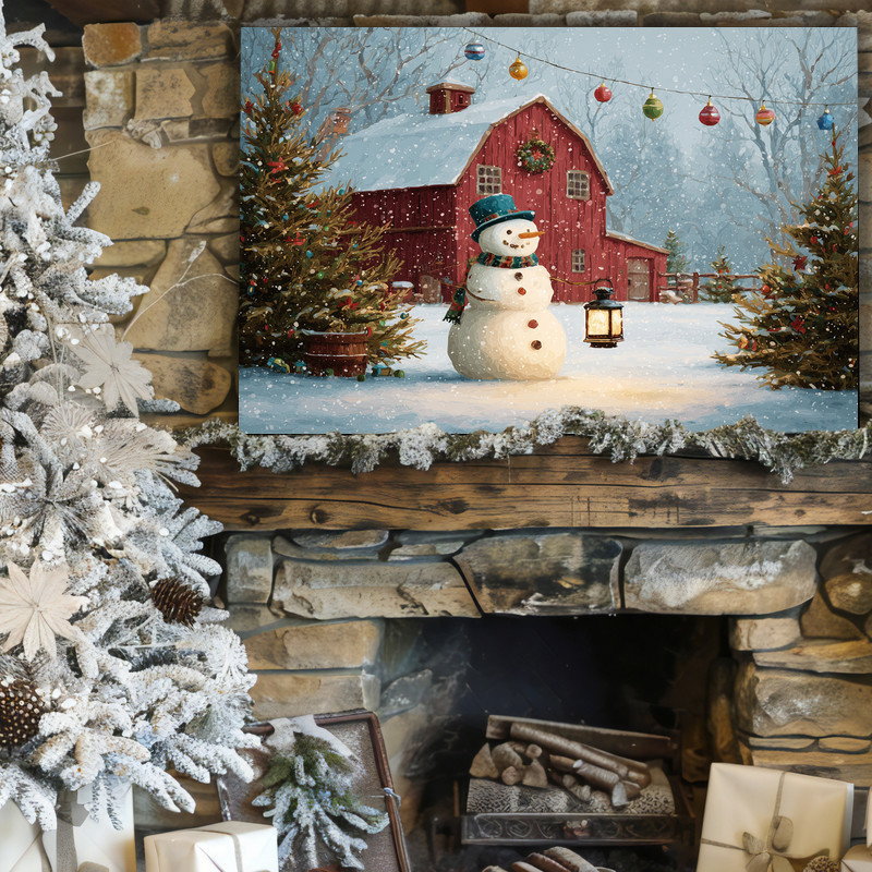 Holiday cheer in snowy barnyard Christmas tree scene canvas wall art, hallway accent and Christmas gift for farmhouse lovers