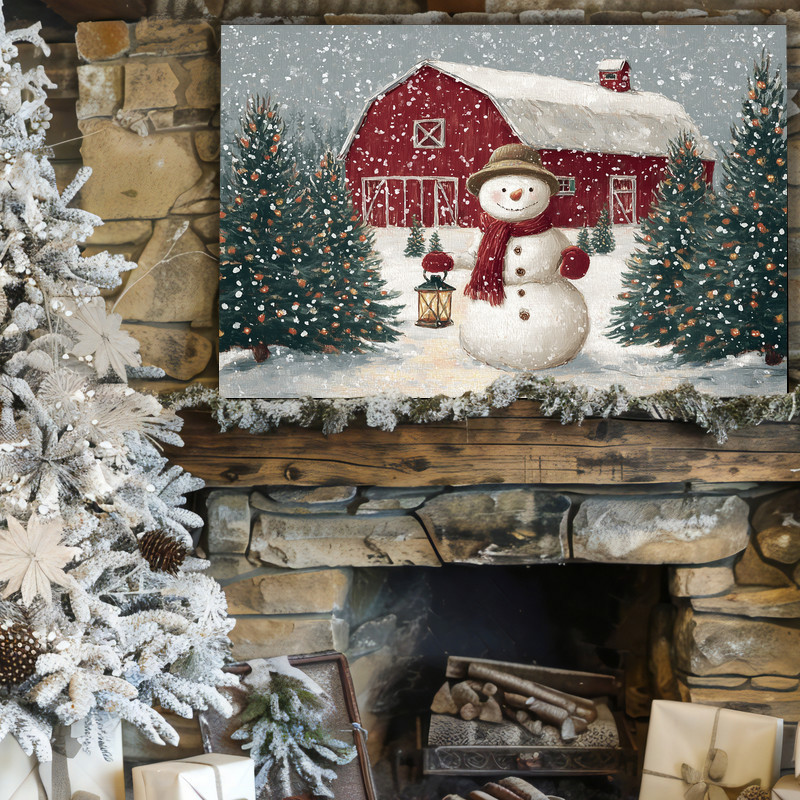 Jolly snowman by lantern canvas wall art, Christmas tree farm scene, classic red-and-green holiday hallway decor on canvas.