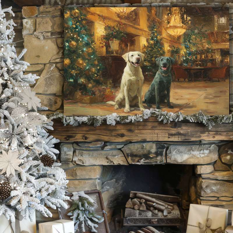 Labradors’ Christmas Delight canvas wall art with dogs at Christmas in a festive hall with tree and lights for hallway decor