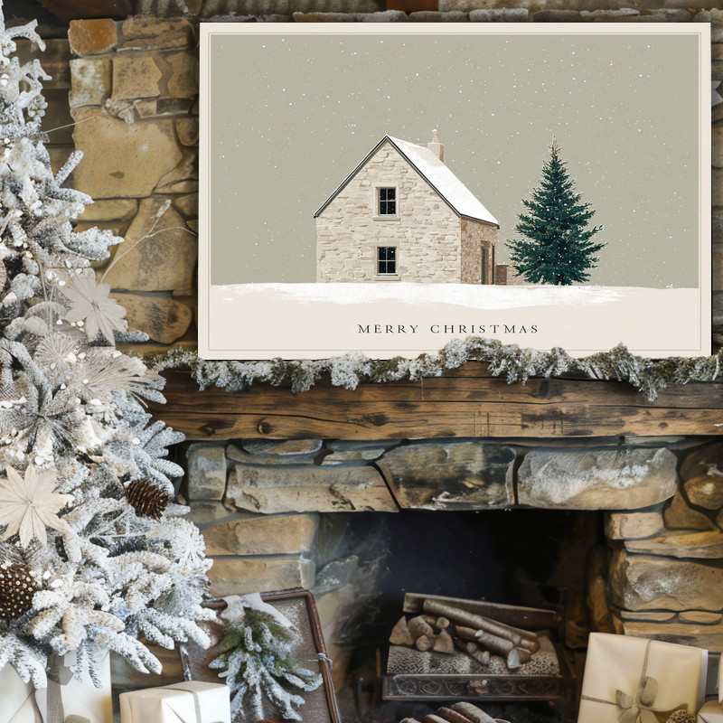 Merry Christmas canvas wall art showing snowy cottage with chimney smoke and tall pine, narrow vertical hallway piece