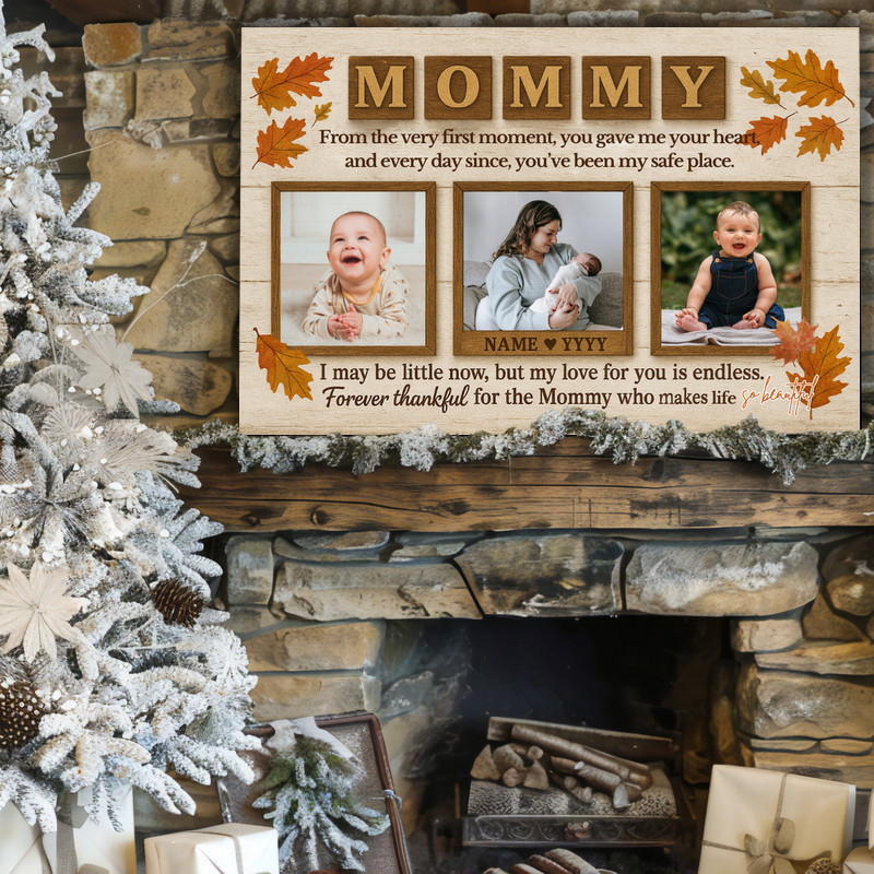 Thanksgiving photo collage canvas, grid layout with custom photos for mom, elegant script names, portrait print gift