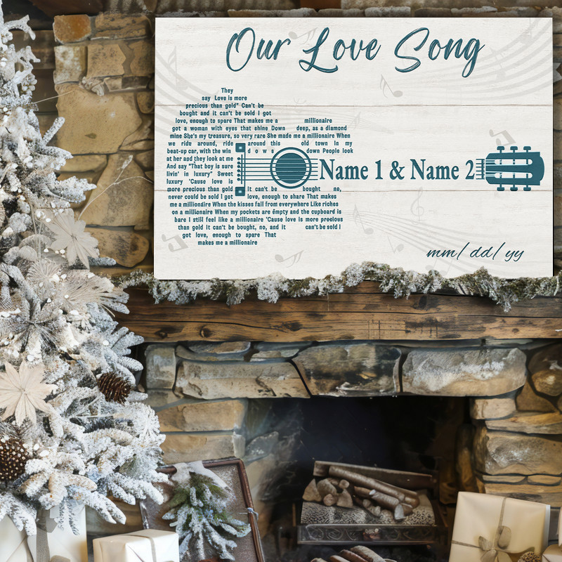 Romantic guitar-themed canvas wall art in watercolor hues, custom names and date, charming accent for a modern bedroom