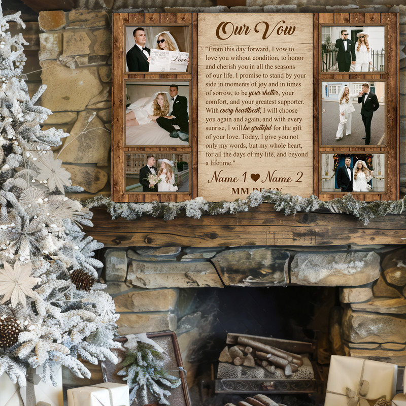 wedding vow photo collage canvas wall art, personalized names, date, vows, 3 photos, navy background with watercolor florals wedding vow photo collage canvas wall art, personalized names, date, vows, 3 photos, navy background with watercolor florals