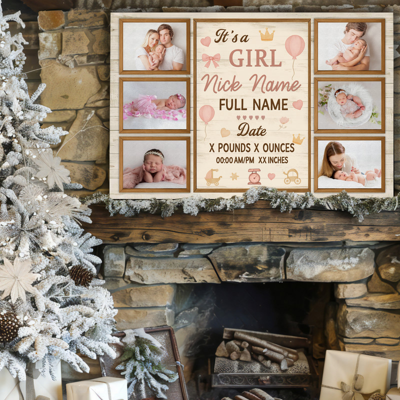 Baby girl photo collage canvas wall art in neutral tones, personalized with baby name and date; rustic nursery decor gift