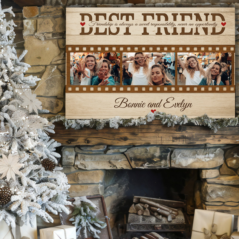 Personalized best friends photo collage canvas, rustic burlap accents, landscape format, custom names, BFF keepsake