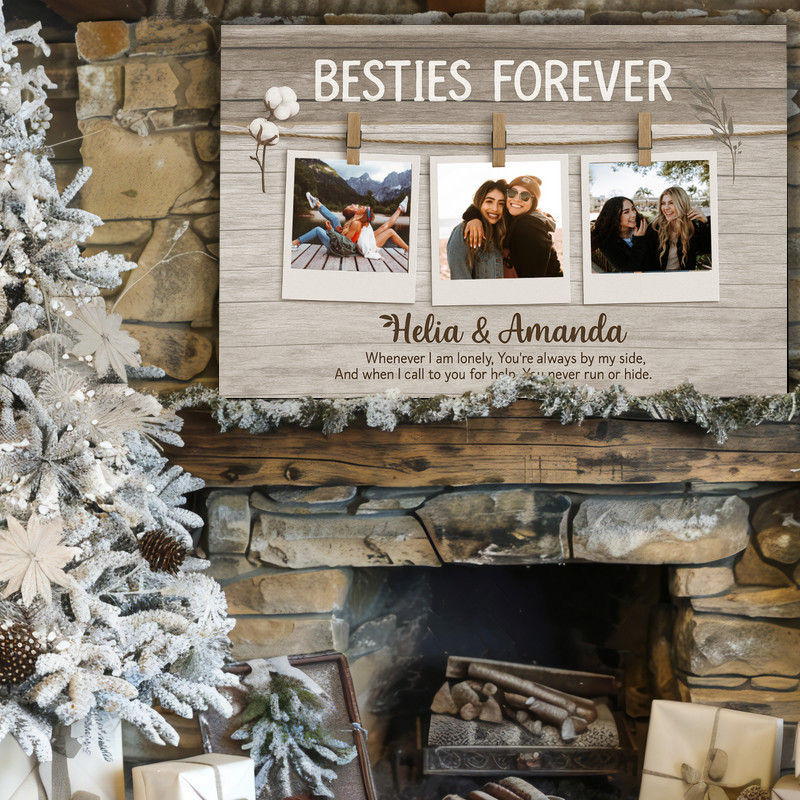 Best friend canvas wall art with rustic wood grain background and Polaroid collage, custom photos, names, date, entryway decor