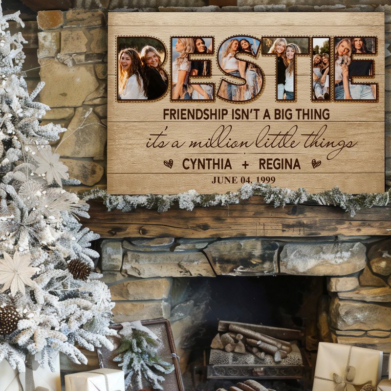 Personalized bestie photo collage canvas wall art, rustic farmhouse style, custom photos and caption for bedroom