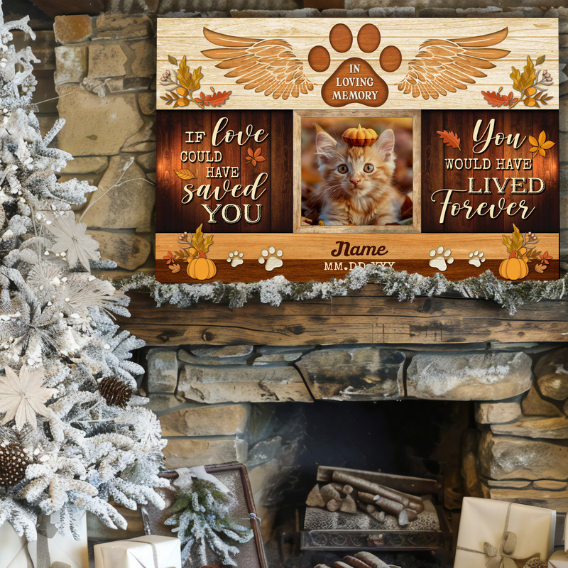 Fall farmhouse cat memorial canvas wall art, personalized with photo, name, and dates; dining room decor for Thanksgiving