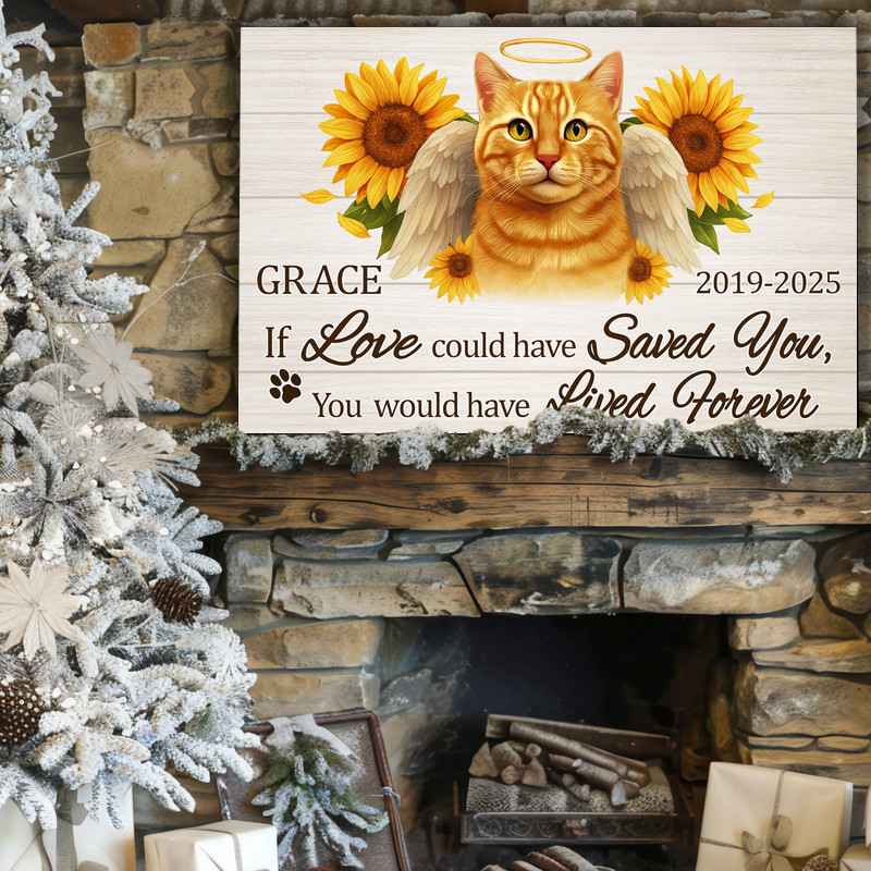 Cat memorial portrait canvas, farmhouse sunflower tribute, personalized with kitty name, bereavement gift, bedroom decor