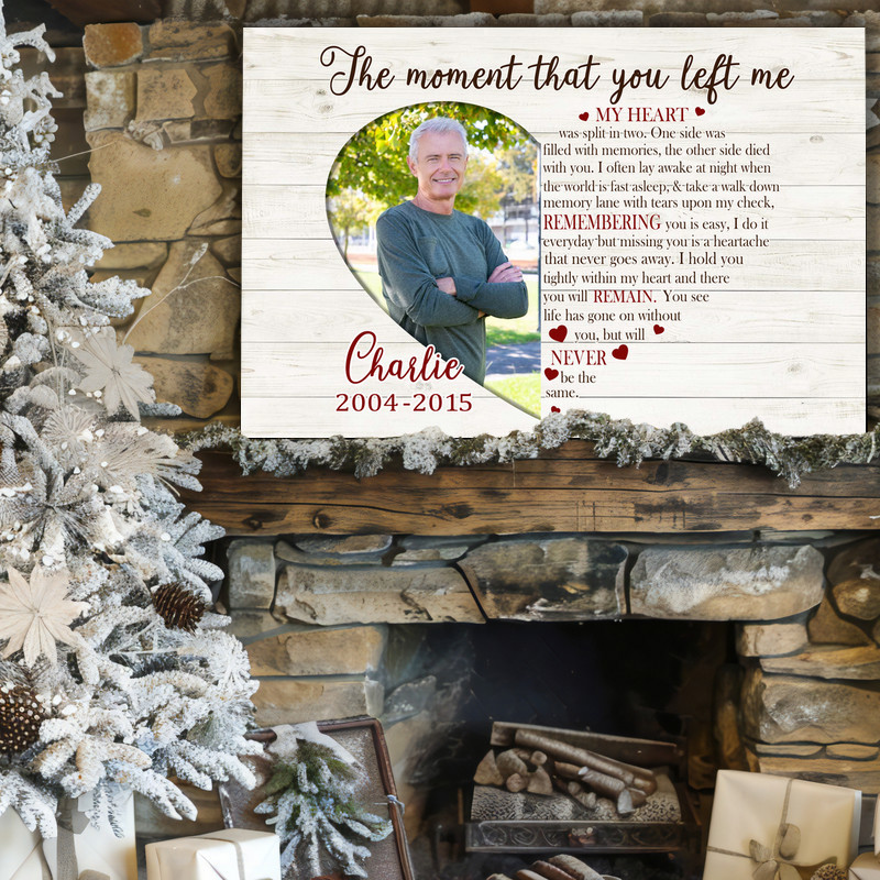 Dad memorial canvas wall art with heart and script, personalized with name, cream backdrop, sympathy gift for family.