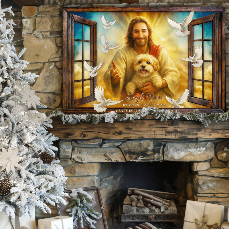 Dog memorial canvas wall art with personalized dog photo, wood window panes and 'Safe in the Arms of Jesus' for entryway