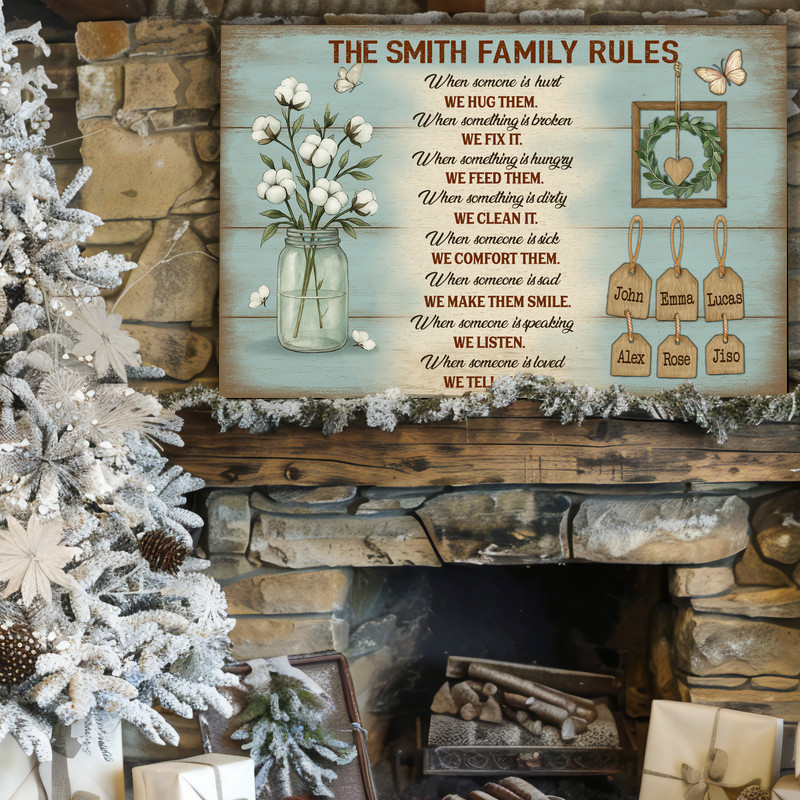 Rustic farmhouse family rules canvas wall art, custom first names and family name, portrait, soft cream tones for bedroom decor