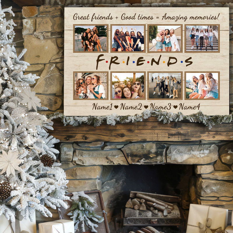 Friendship canvas wall art, personalized photo collage, rustic farmhouse neutral tones, living room decor for best friends