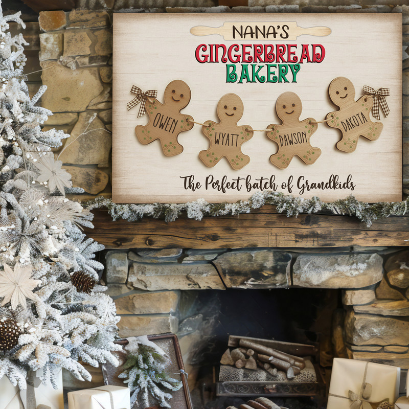 Gingerbread bakery Christmas canvas wall art, watercolor style in neutrals, custom grandkids names for festive hallway decor