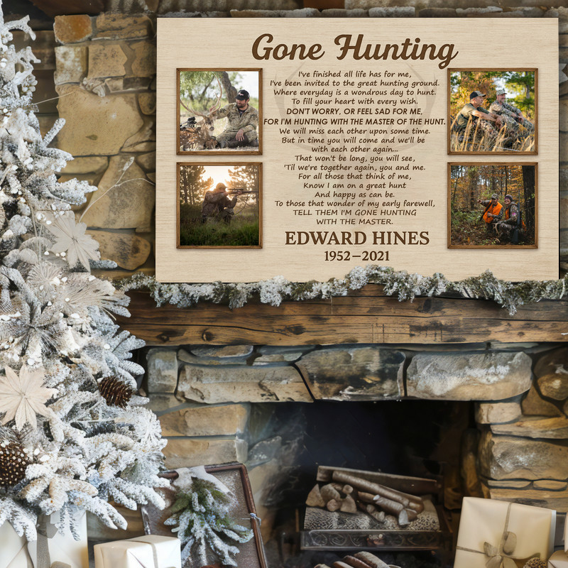 Gone Hunting memorial canvas wall art with antler wreath and woodland background, custom name, dates, bereavement gift