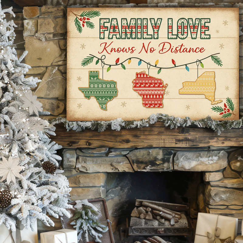 Farmhouse Christmas long distance family canvas wall art with red and green accents, personalized locations and surnames