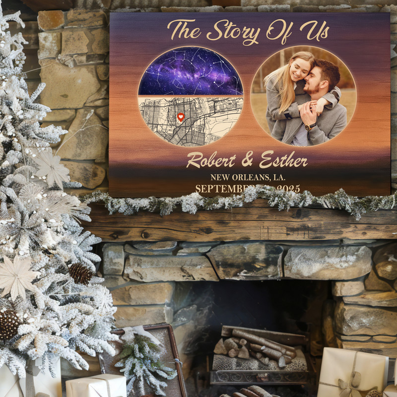 The Story Of Us canvas wall art with custom photo, coordinates and star map, rustic background, bedroom decor for stargazers