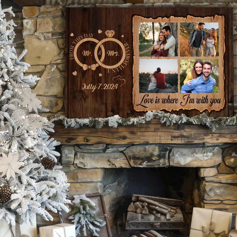 Personalized engagement anniversary canvas wall art, linen background, script text, custom couple photo with names and date