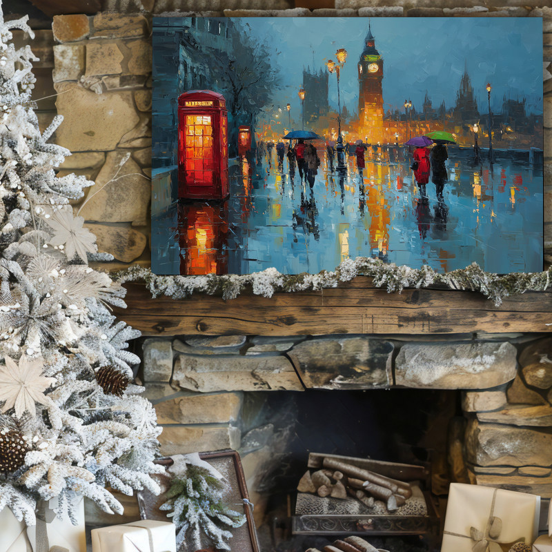 Rainy London stroll canvas wall art for hallway decor, oil painting cityscape with umbrellas and wet reflections, vertical