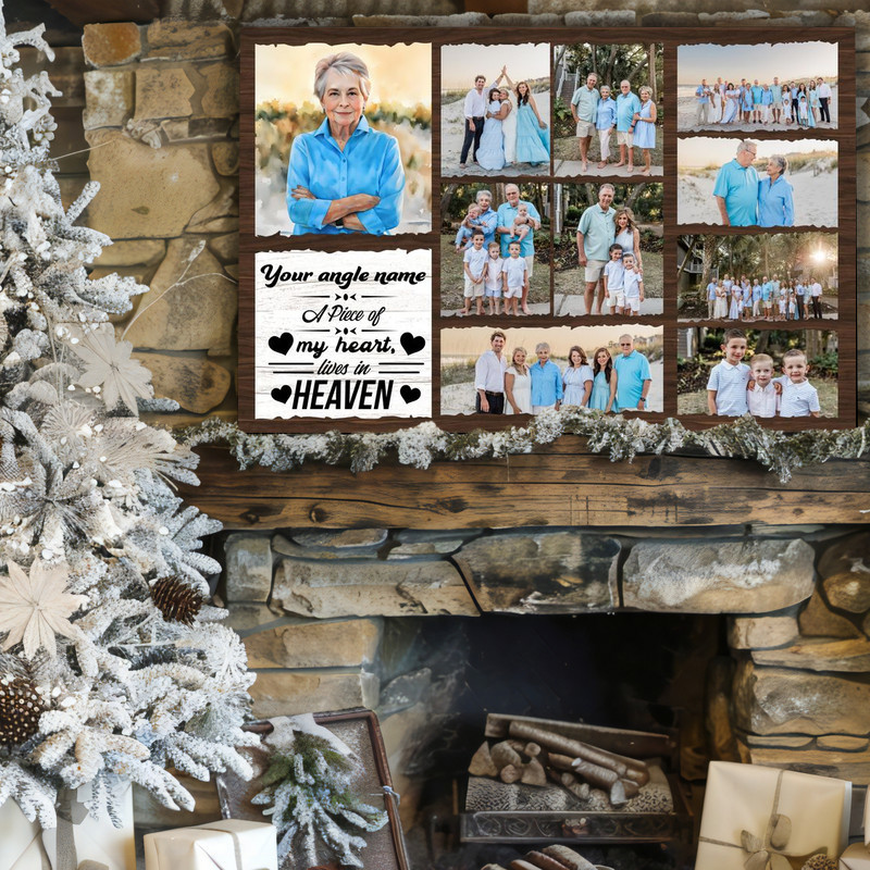 Memorial photo collage canvas wall art, custom photos with name and dates, angel wings motif, soft blue sky theme for bedroom