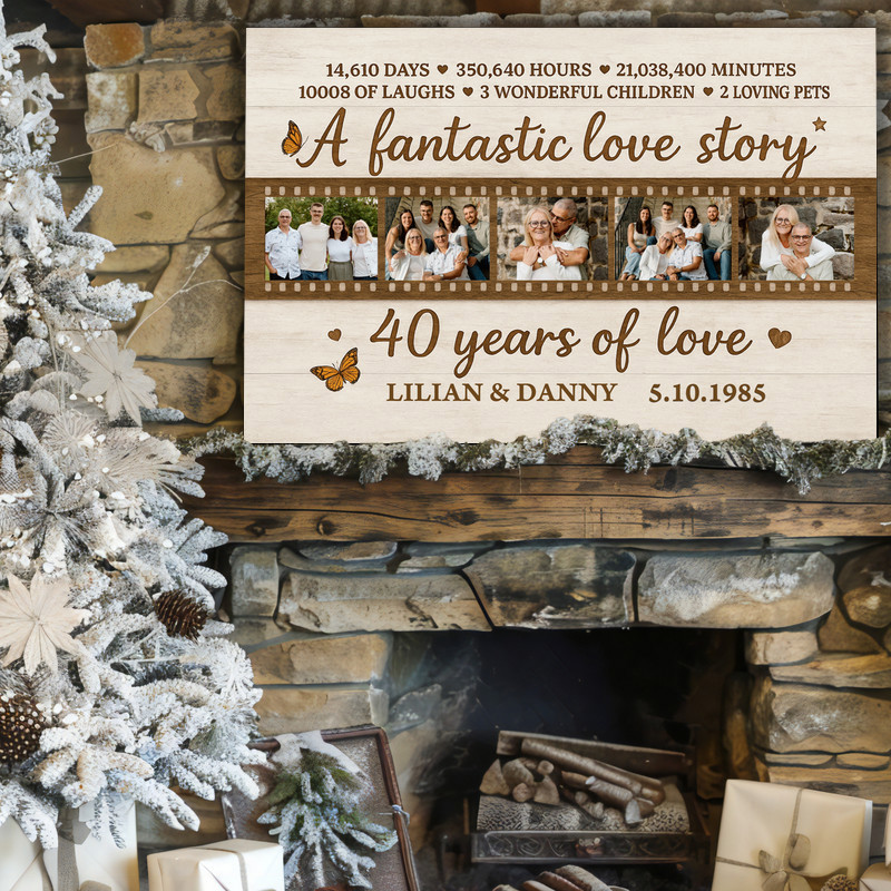 Ruby 40th anniversary photo collage canvas, chalkboard style with white script, portrait, photos, couple names and date Ruby 40th anniversary photo collage canvas, chalkboard style with white script, portrait, photos, couple names and date