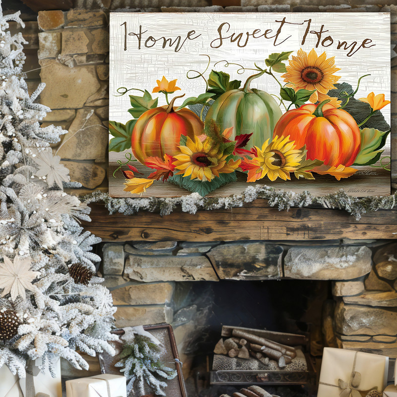 Rustic autumn pumpkins and sunflowers canvas art with 'Home Sweet Home' text, farmhouse entryway decor, Thanksgiving gift