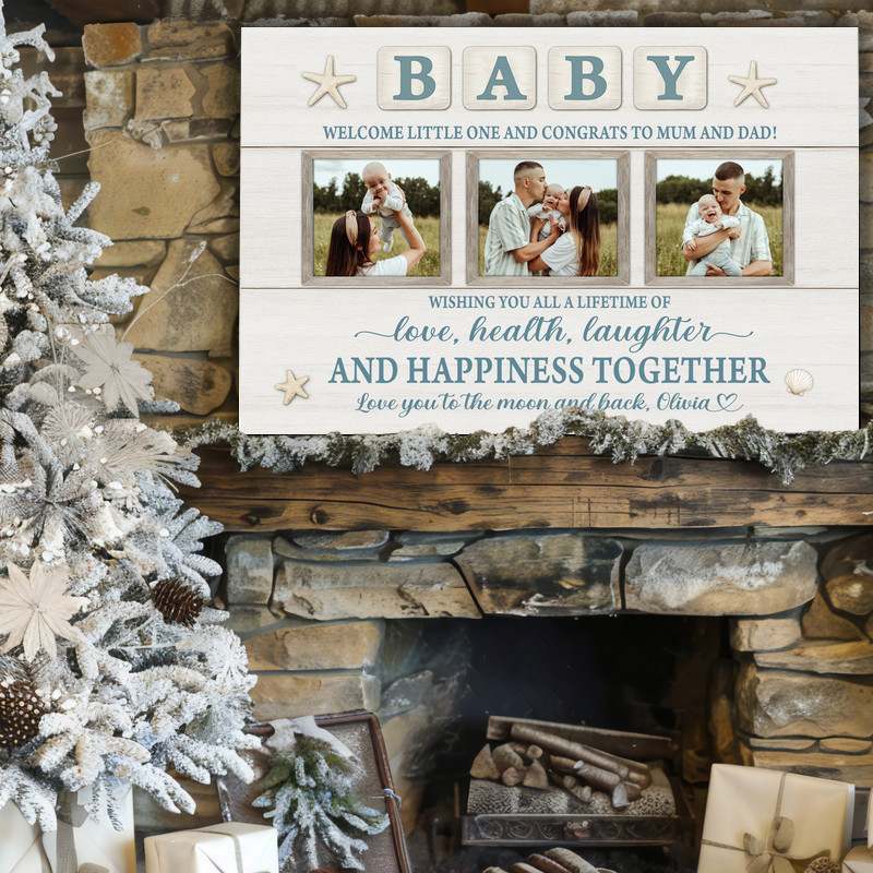 Rustic coastal farmhouse baby welcome canvas wall art, custom newborn milestone collage with blush coral for girl nursery