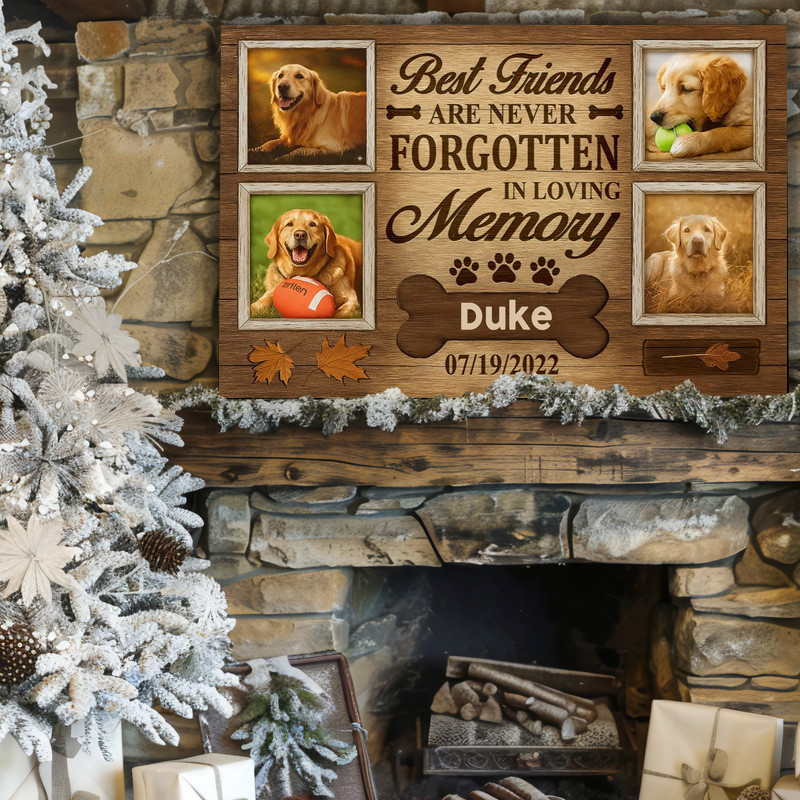 Rustic fall pet memorial canvas, gallery-wrapped dog photo collage with leaves, paw prints, and lasting 'Best Friends' text