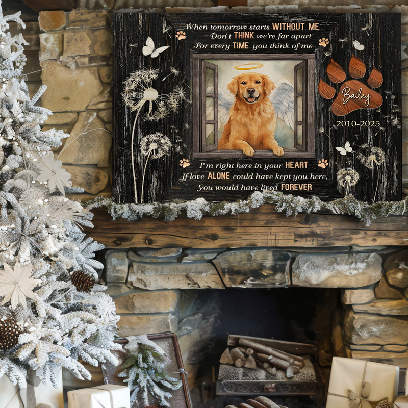 Farmhouse-style dog memorial photo canvas, framed image with In Loving Memory header, pet name and dates, sympathy gift