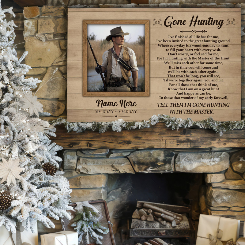 Personalized Gone Hunting memorial canvas wall art, rustic style sympathy gift and keepsake for entryway or hallway decor.