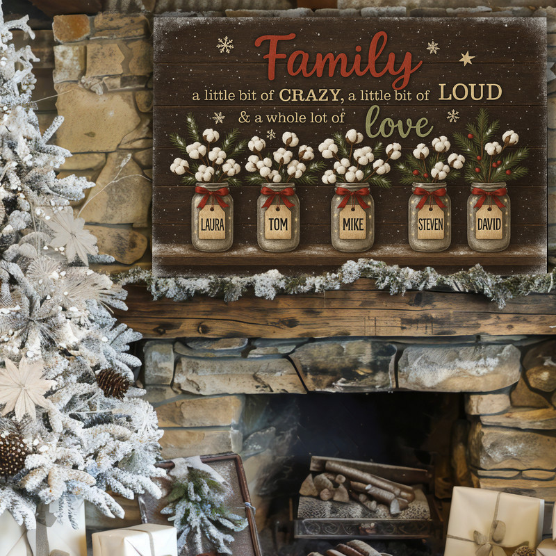 Rustic farmhouse family quote canvas personalized with multiple family names in flower design, Christmas mantel decor art