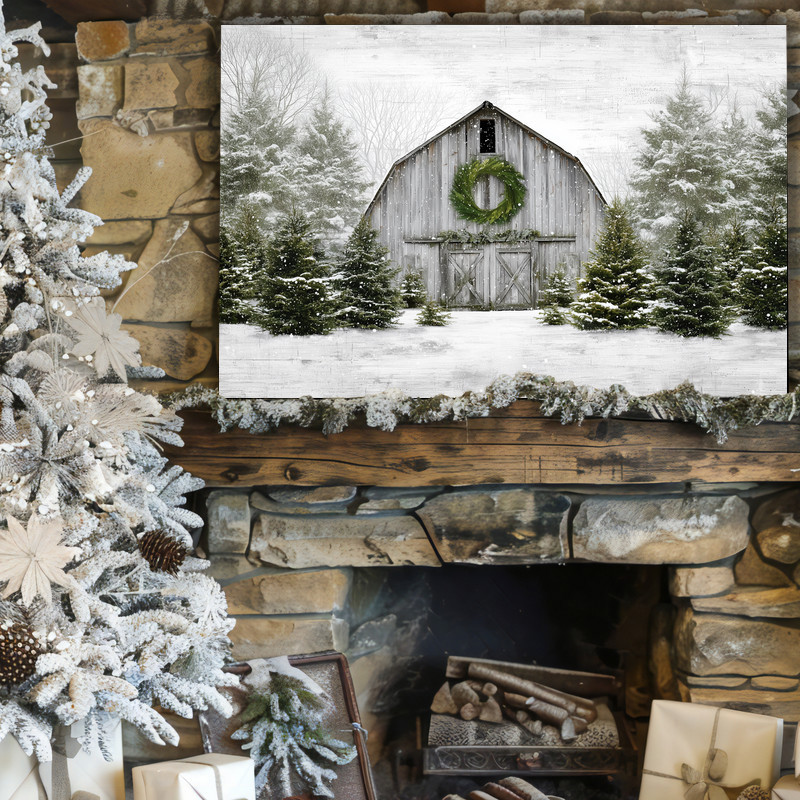 Rustic holiday barn canvas wall art in muted winter palette, farmhouse scene with evergreens and snowdrifts for entryways