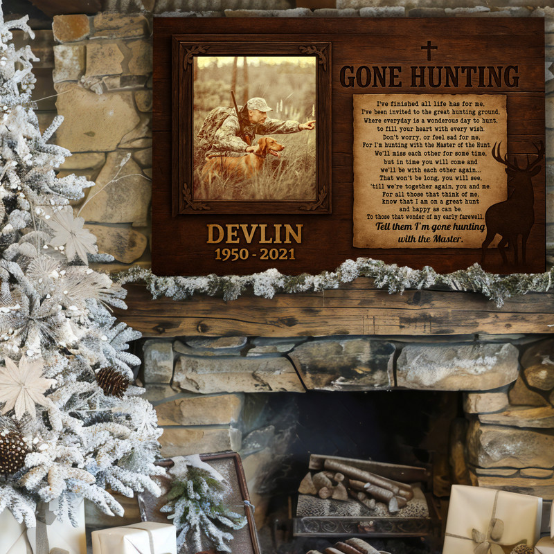 Hunting remembrance canvas wall art, rustic aesthetic, custom name and dates; meaningful sympathy wall decor for the living room