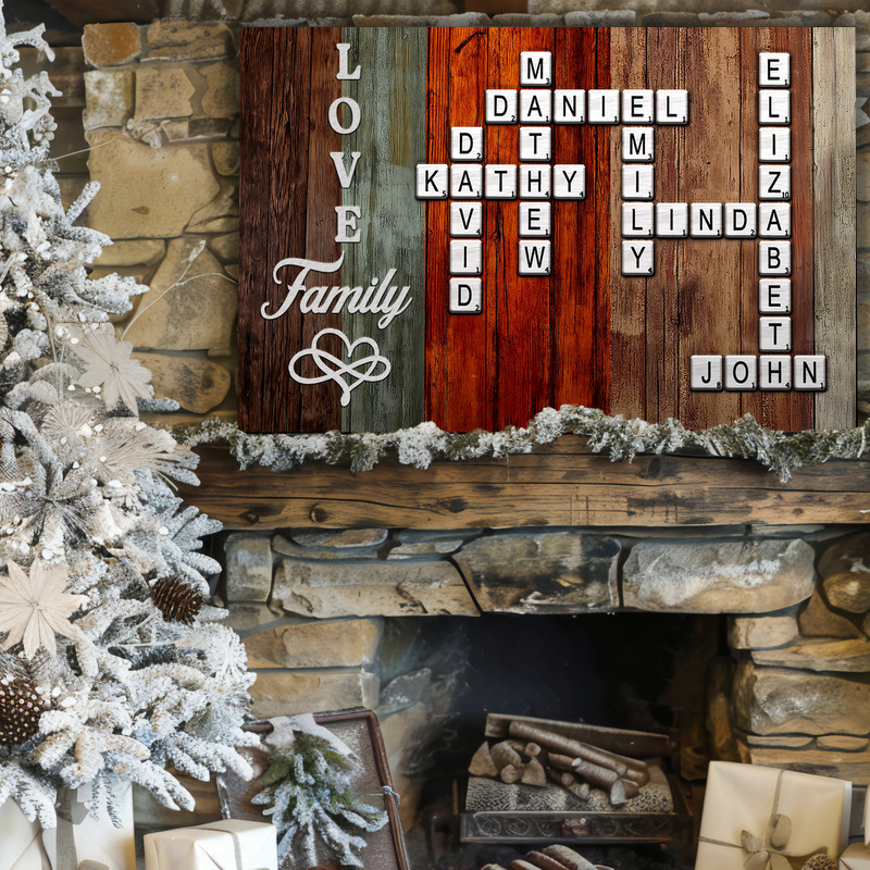Scrabble family name canvas wall art, personalized crossword of family names with heart, sweet anniversary or wedding gift