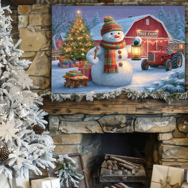 Snowman at the tree farm canvas wall art, muted tones, snowy pines and barn, portrait format for hallway winter decor