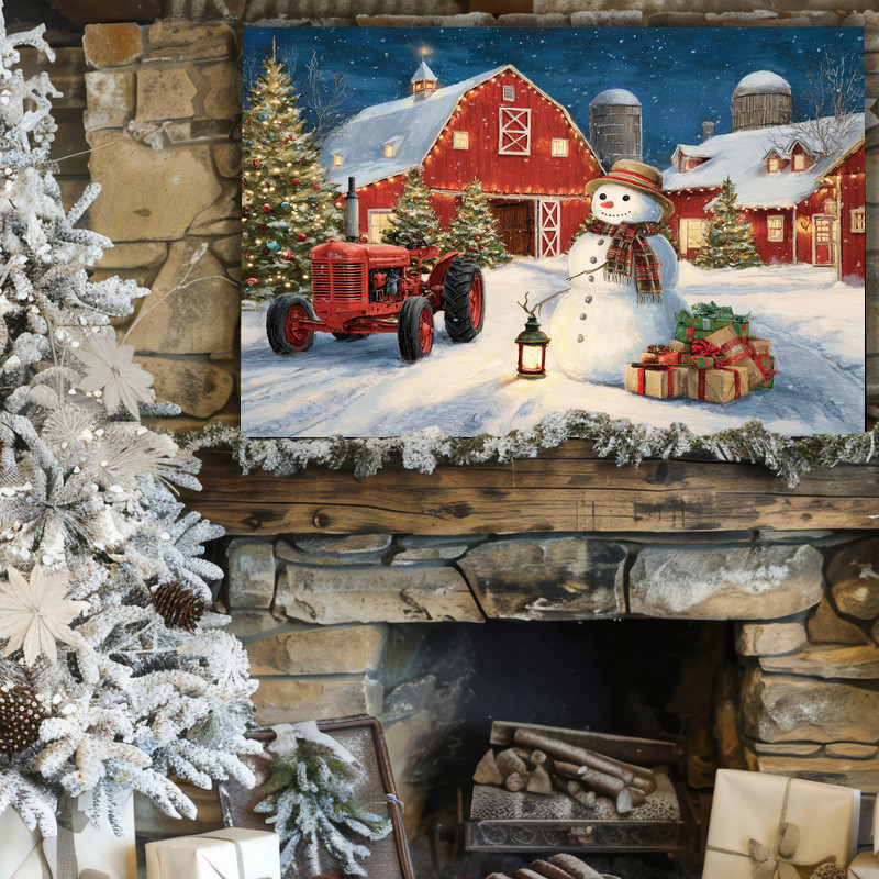 Snowy farmyard Christmas canvas wall art with farmhouse, fence, and wreath-lit lantern, soft holiday lights in winter scene. Snowy farmyard Christmas canvas wall art with farmhouse, fence, and wreath-lit lantern, soft holiday lights in winter scene.