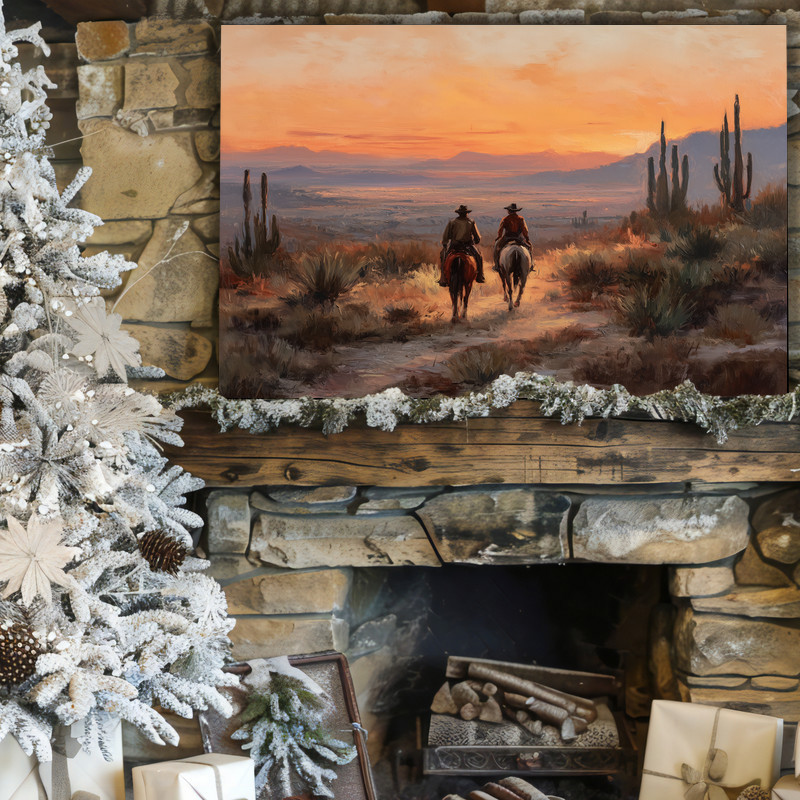 Southwestern cowboys canvas wall art, oil painting close-up of a cowboy with hat and bandana, earth tones, square format