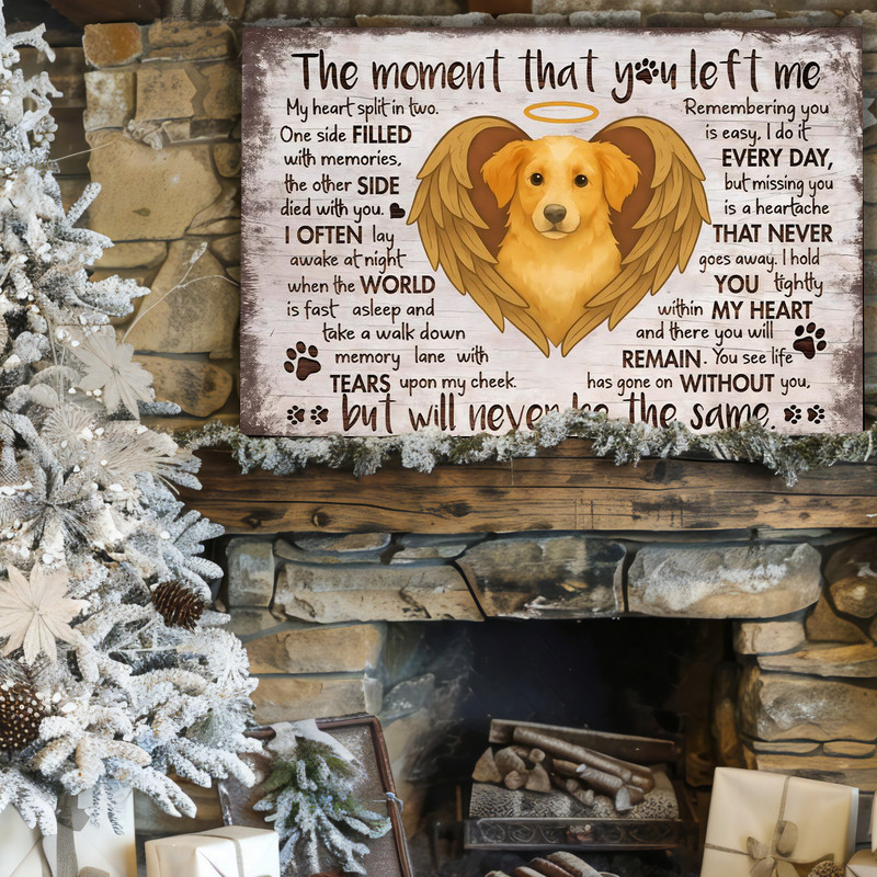 Dog memorial canvas wall art in rustic farmhouse with sepia wood grain backdrop and poem, bereavement gift for dog parents