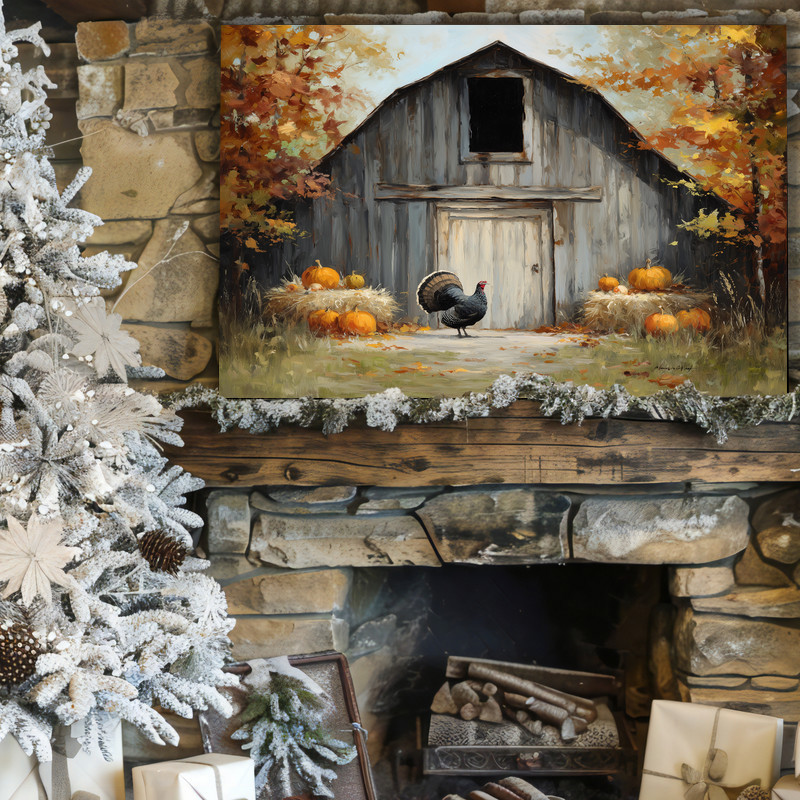 Rustic Thanksgiving barn canvas wall art with turkey and timber barn, thoughtful host gift for fall gatherings