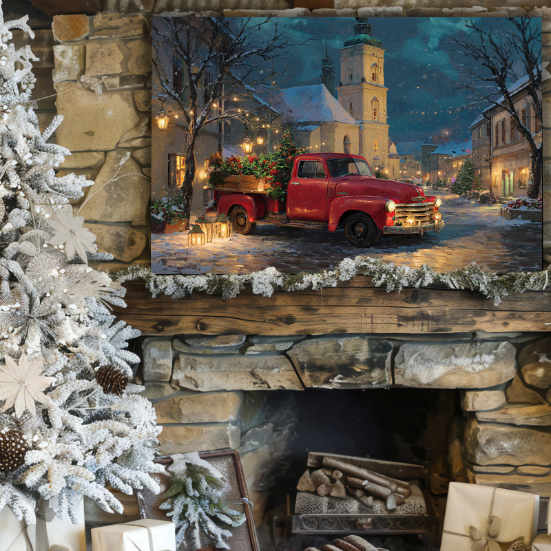 Vintage red truck Christmas city canvas wall art with garland-trimmed stalls and glowing tree, cozy accent for entryway