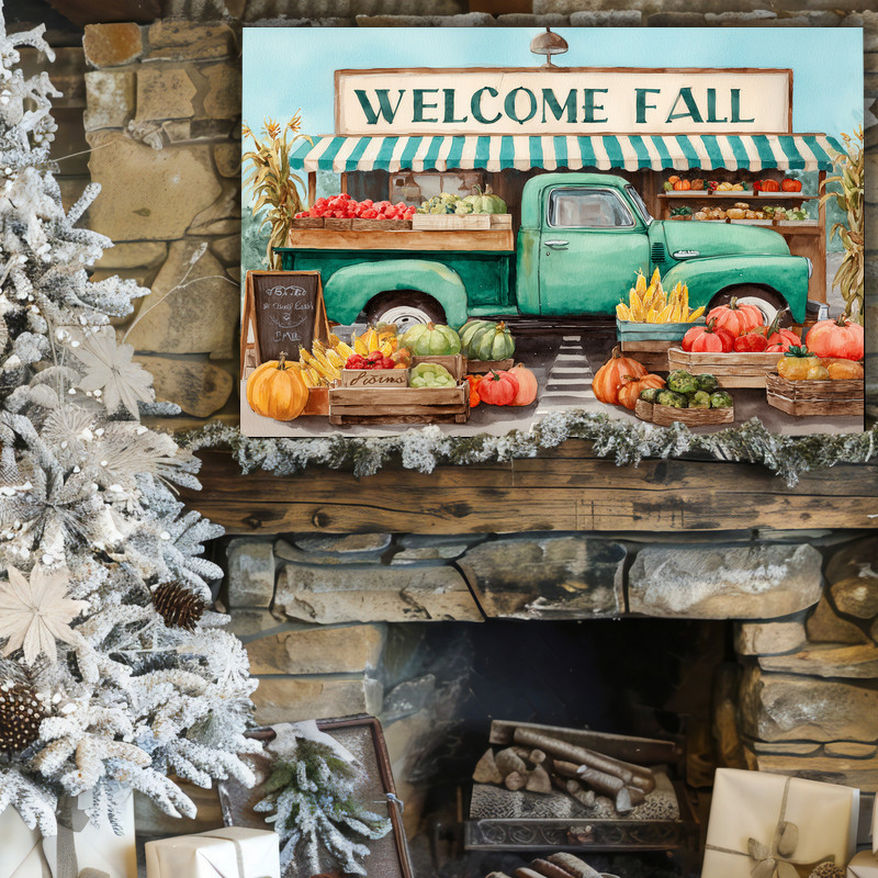 Welcome Fall green truck canvas wall art with typography and pumpkins, autumn gallery wrap for entryway decor accent