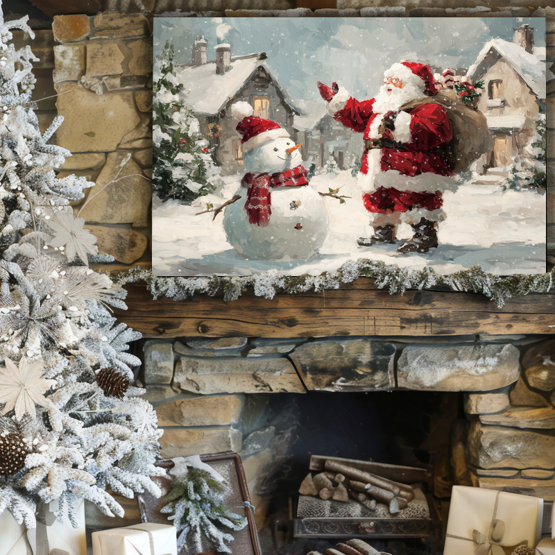 Whimsical Santa and snowman canvas wall art in playful cartoon style, festive hallway decor for winter and Christmas.