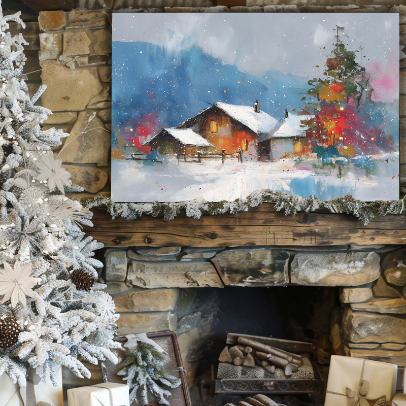Winter wonderland cottage canvas wall art, watercolor landscape for hallway decor, frosty scene with trees and cozy retreat.