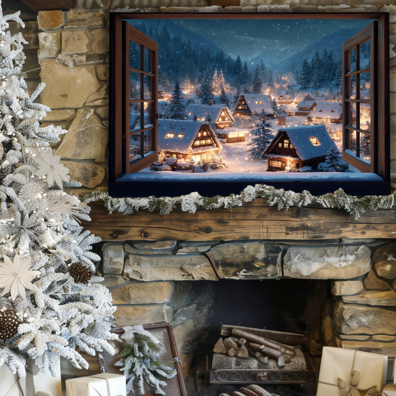 Winter wonderland canvas wall art, frosted cottages and pines seen through a faux window for hallway Christmas decor