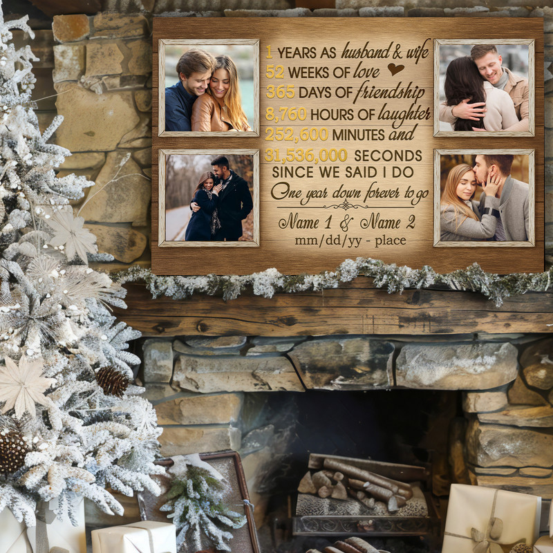 1 year anniversary photo collage canvas wall art with a love timeline, customized names and anniversary date entryway decor