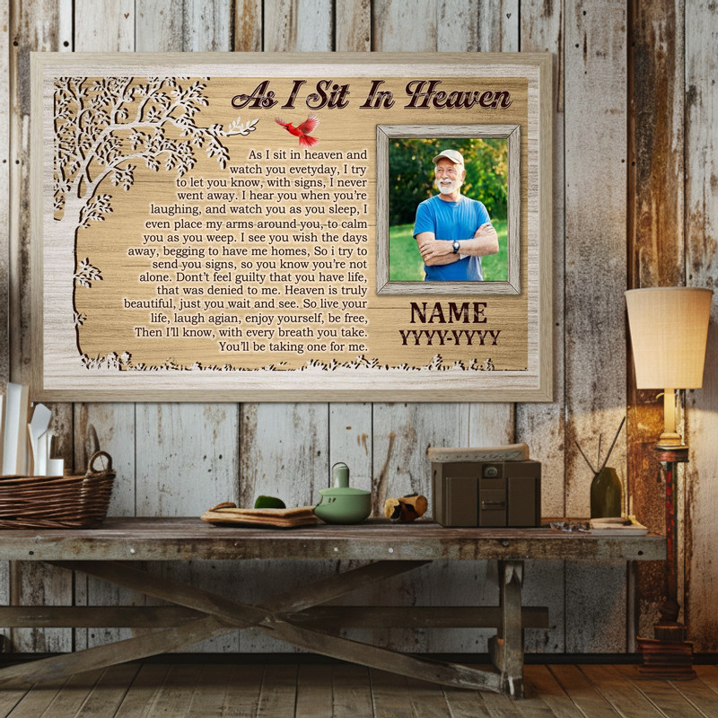 As I Sit In Heaven poem canvas wall art with custom photo, name and years, gallery-wrapped memorial, gift for loss