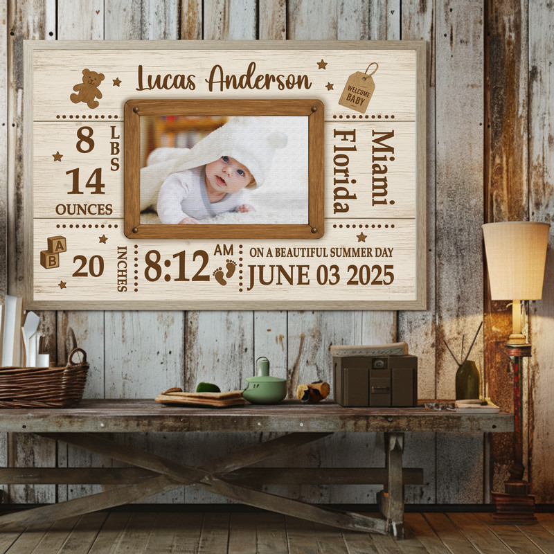 Birth announcement picture frame canvas in rustic farmhouse style, custom baby photo and stats, perfect wall art for nursery