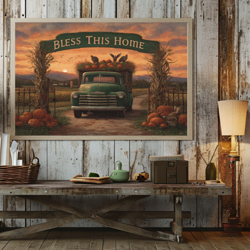 Bless This Home green truck farmhouse gate canvas wall art for front hall, charming rustic decor to greet guests at entry