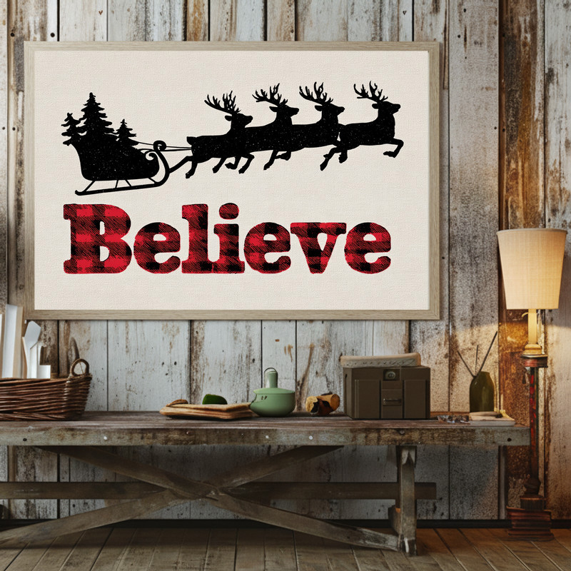 Buffalo plaid Santa sleigh Believe Christmas canvas wall art in farmhouse sign style, buffalo check motif for hallway decor Buffalo plaid Santa sleigh Believe Christmas canvas wall art in farmhouse sign style, buffalo check motif for hallway decor